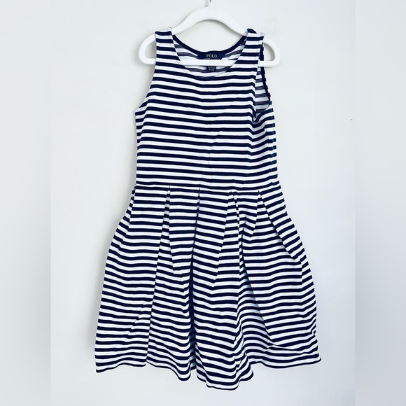 Polo Ralph Lauren girls navy Blue stripe pleated skater dress sleeveless L 12-14 - Picture 1 of 5